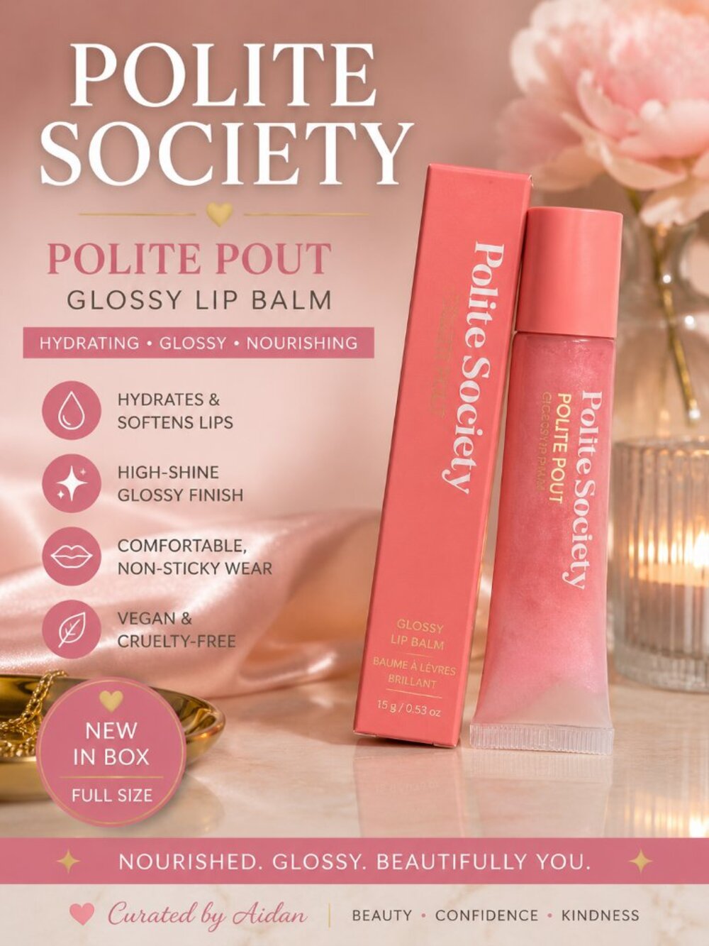 Polite Society Polite Pout Glossy Lip Balm Full Size NIB Hydrating Lip Gloss